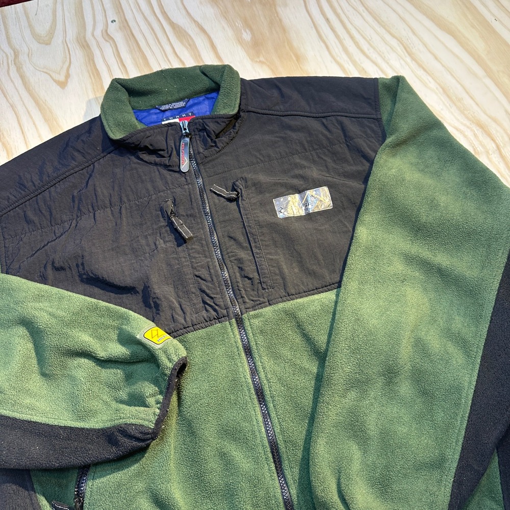 Tommy Hilfiger Mens XL Green Black Colorblock Fleece Jacket Vintage 90s Gorpcore
